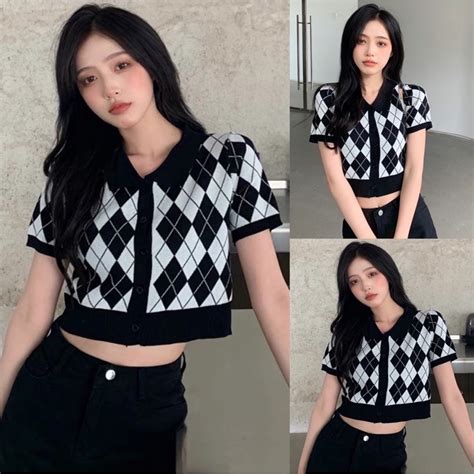 Áo Polo Croptop Kẻ Kim Cương Nữ Ngắn Tay Hot Trend Shopee Việt Nam