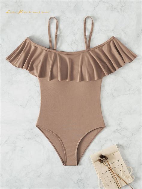 One Shoulder Bikini Womens Ruffled Strap One Piece Swimsuit Brown Wholesale Swimwear Bikinis