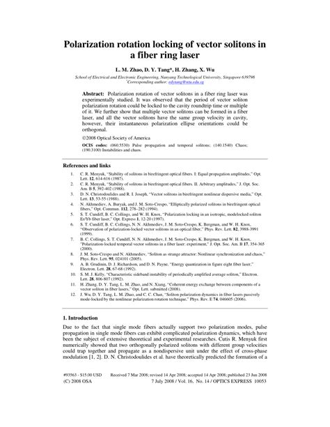 Pdf Polarization Rotation Locking Of Vector Solitons In A Fiber Ring