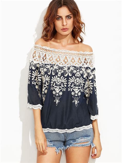 Off The Shoulder Contrast Crochet Embroidered Top Shein Sheinside