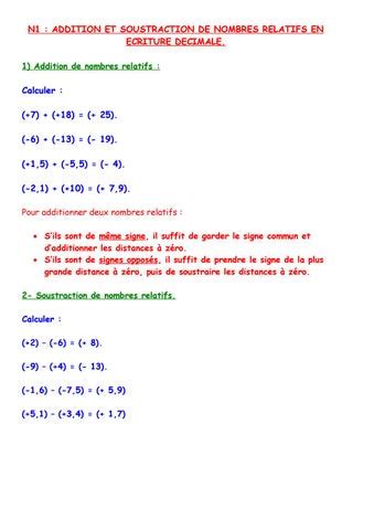 N Addition Et Soustraction De Nombres Relatifs En Ecriture Decimale By