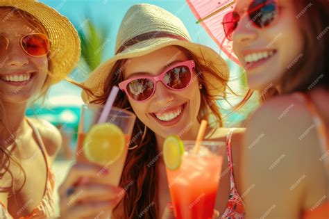 Premium Ai Image Happy Girls Having Fun Drinking Cocktails At Bar On The Beach Soft Focus On