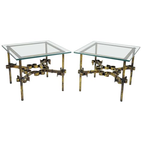 Pair Hollywood Regency Gold Gilt Iron Square Glass Top Brutalist Low End Tables For Sale At