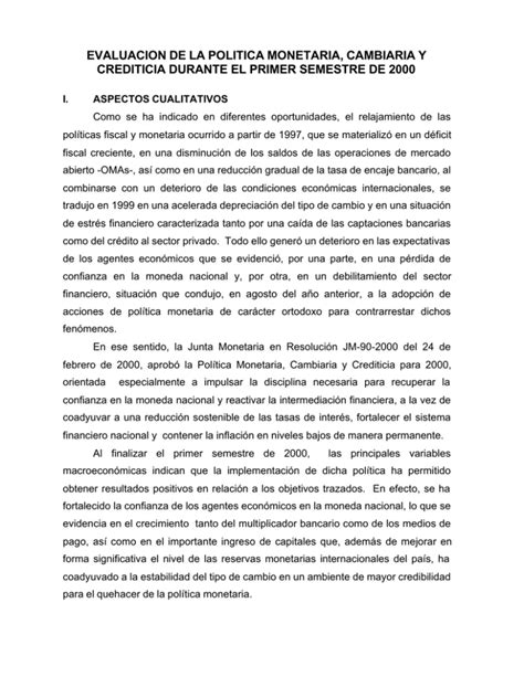 Evaluacion De La Politica Monetaria Cambiaria Y