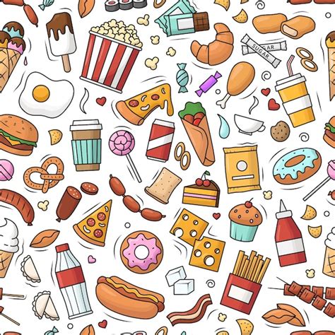 Padrão sem emenda fast food ilustração em vetor doodle de