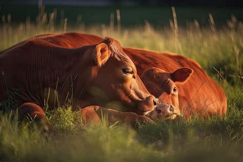 A Mãe Do Bezerro É A - Mãe de vaca vermelha e bezerro dormindo no prado de perto | Foto Premium