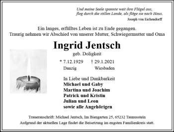 Traueranzeigen Von Ingrid Jentsch Vrm Trauer De