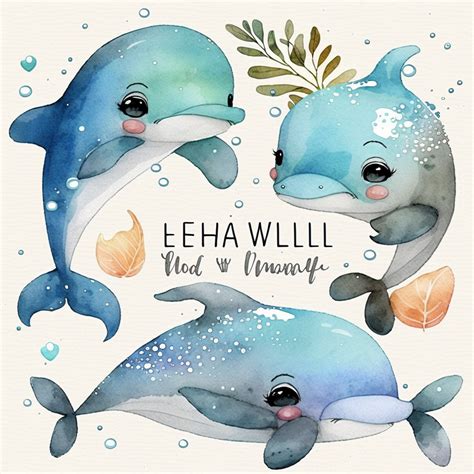 Cute Baby Dolphin Watercolor Clipart Set Kawaii Dolphin Adorable Baby