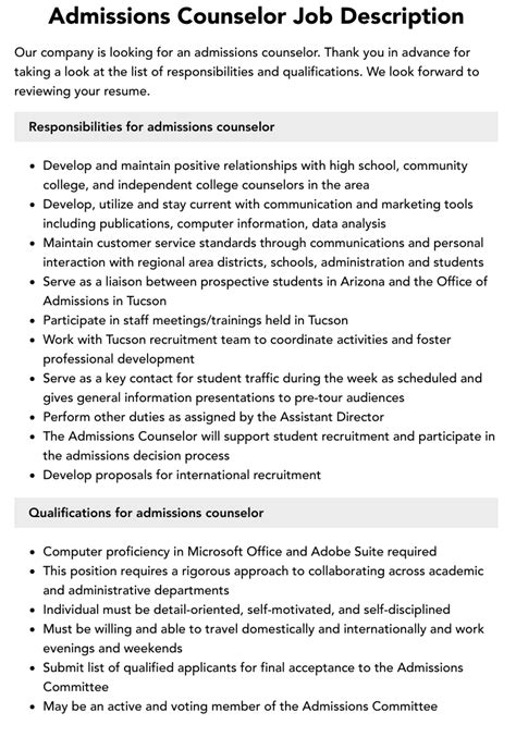 Admissions Counselor Job Description | Velvet Jobs