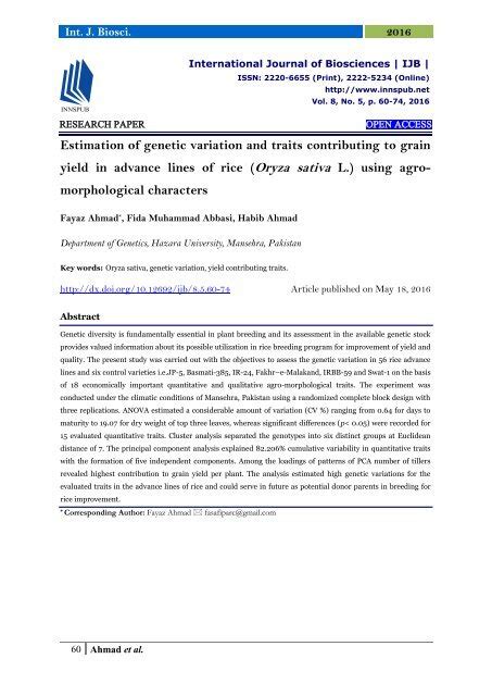 Estimation Of Genetic Variation And Traits Contributing To Grain Yield