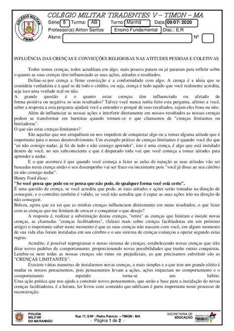 Crenças Convicções E Atitudes 8 Ano Atividades