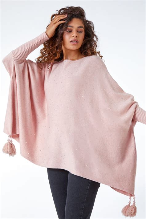 Sparkle Embellished Tassel Poncho In Light Pink Roman Originals Uk