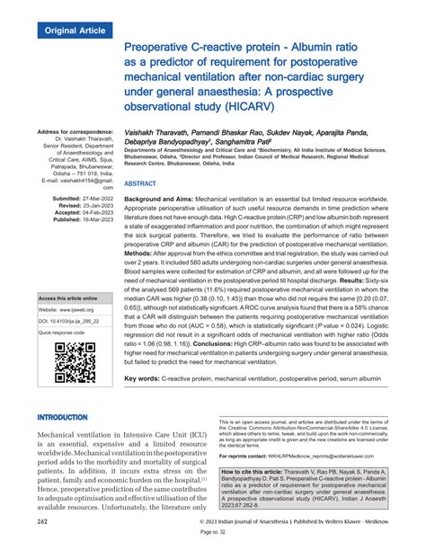 Pdf Preoperative C Reactive Protein Albumin Ratio As A Predictor Of