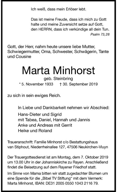 Alle Traueranzeigen für Marta Minhorst trauer rp online de