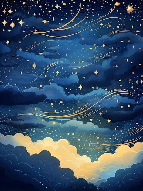 Premium AI Image | a blue night sky with gold stars and clouds.