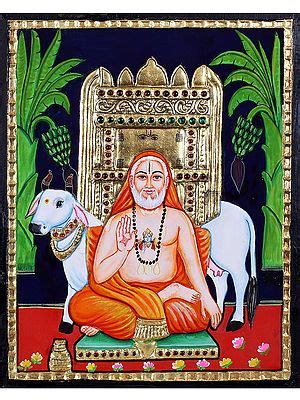 Guru Raghavendra Swami With Cow Tanjore Painting L Traditional Colors