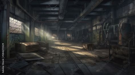 creepy interior of an abandoned warehouse background, concept art, digital illustration, haunted ...