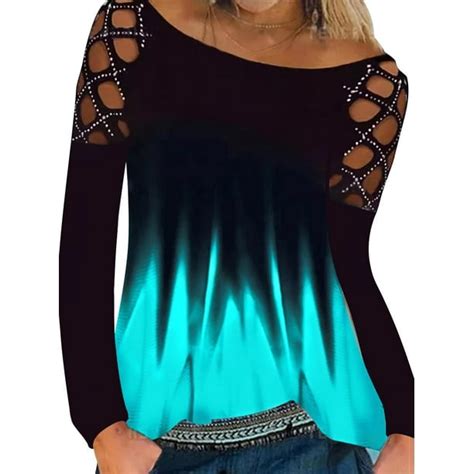 Lapa Women Long Sleeve Cold Shoulder Tops Rhinestone Hollow Out Boat