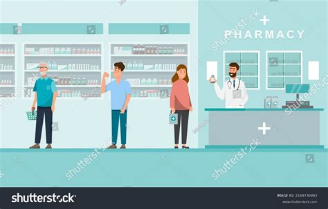 Pharmacy Pharmacist Client Counter Drugstore Cartoon Stock Vector