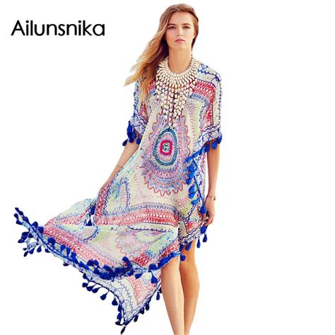 Ailunsnika 2018 New Summer Womens Sexy Navy Red Ethnic Print Sheer