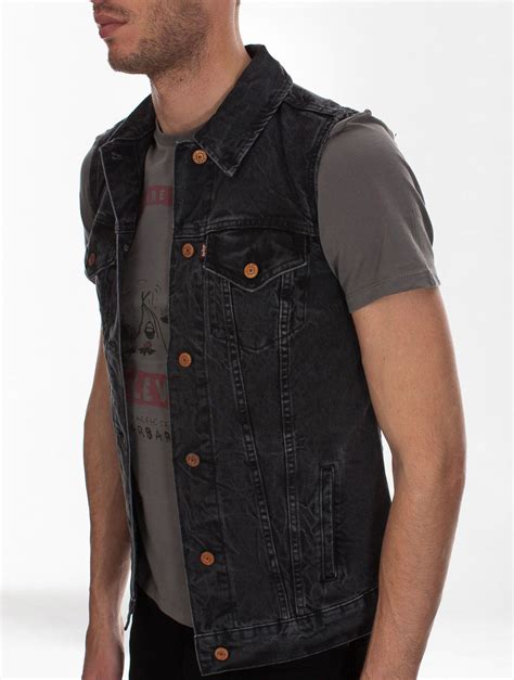 Levi S Black Denim Vest For Men Brass Detail Sleeveless Style For