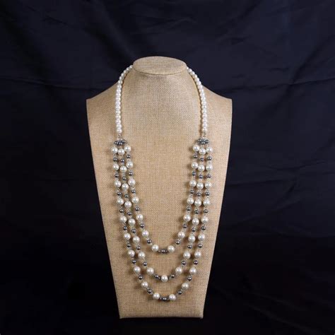 Long pearl necklace, multi layer pearl necklace, grey and white alternating pearl necklace ...