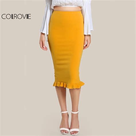 Colrovie Split Ruffle Ol Pencil Skirt Women Yellow Sexy Slim Elegant