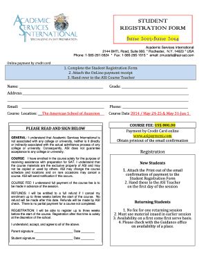 Fillable Online Asa Edu STUDENT REGISTRATION FORM June 2013 June 2014