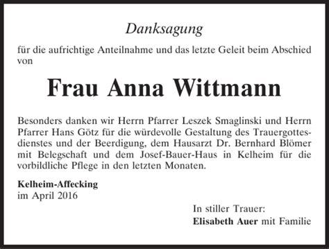 Traueranzeigen Von Anna Wittmann Mittelbayerische Trauer