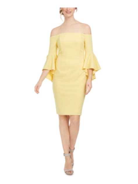 Calvin Klein Womens Yellow Stretch Zippered Ruffled 3 4 Bell Sleeves