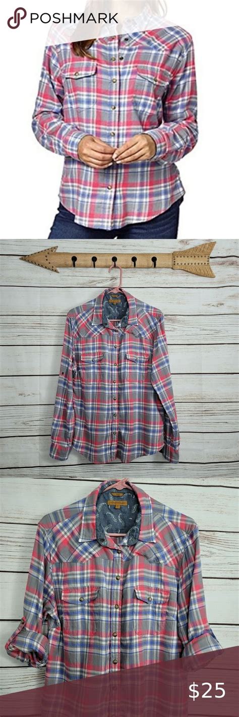 Jachs Girlfriend Bea Plaid Flannel Snap Button Flannel Fashion Denim Top Plaid Tops