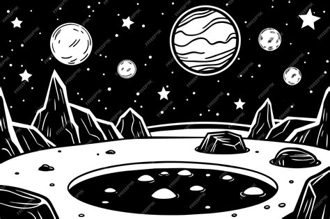 Un Dibujo En Blanco Y Negro De Un Planeta Con Planetas Y Estrellas Vector Premium