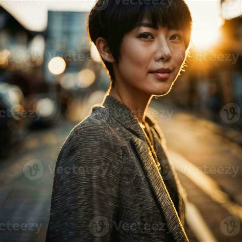 Photo Of Beautiful Japanese Asian Woman With Short Hair Generative Ai