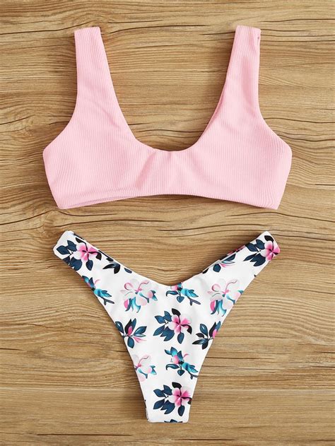 Knot Front Ribbed Top With Random Floral Bikini Set SHEIN USA