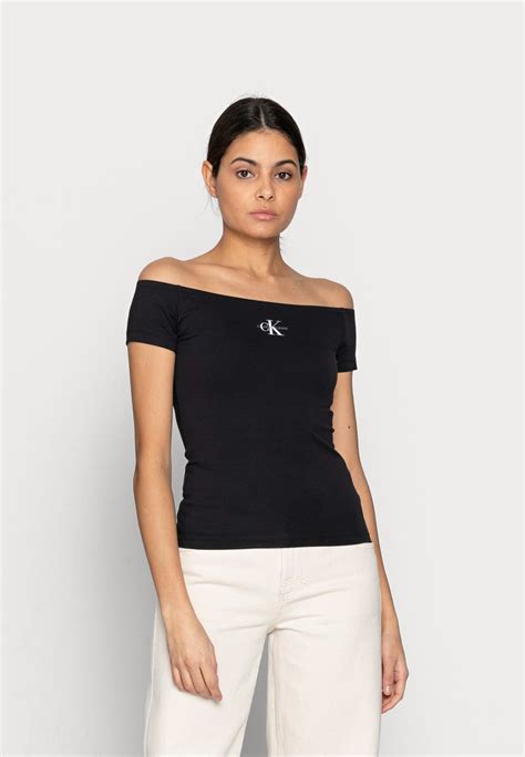 Calvin Klein Jeans Monogram Slim Bardot Top T Shirt Print Black