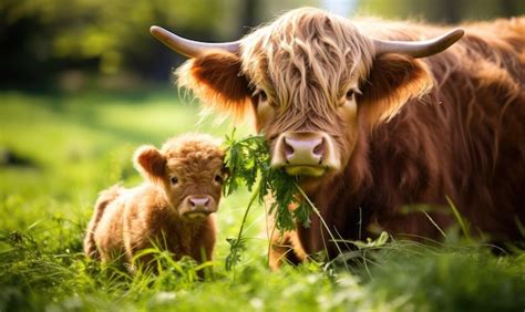 Una Madre Vaca Y Su Ternero Pastando En Un Campo Foto Premium