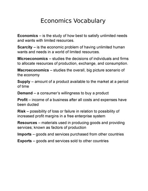 Economicsvocabulary Economics Vocabulary Economics Is The Study