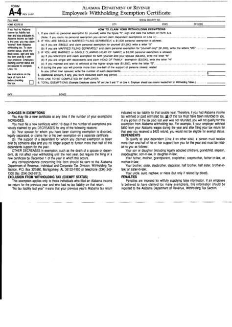 Form A 4 Employee S Withholding Exemption Certificate Alabama Printable Pdf Download