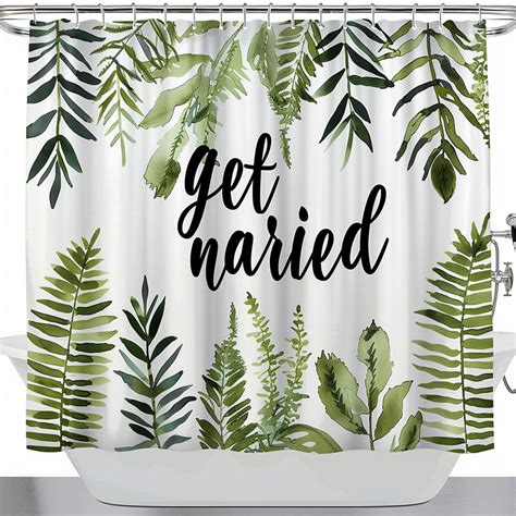 Green Botanical Fern Leaf Shower Curtain With Get Naked Text Nature