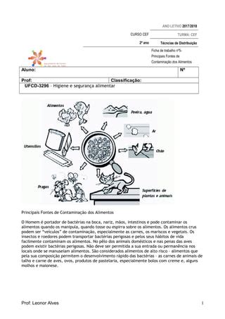 Ficha De Trabalho N Contamina O Dos Alimentos Pdf