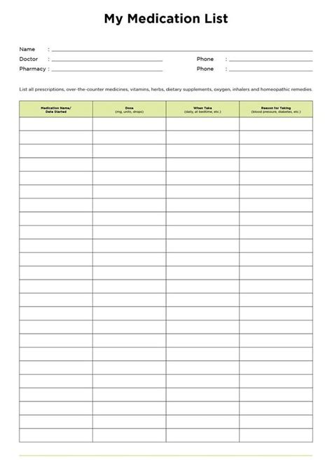 Printable Medication List Template Printablelib