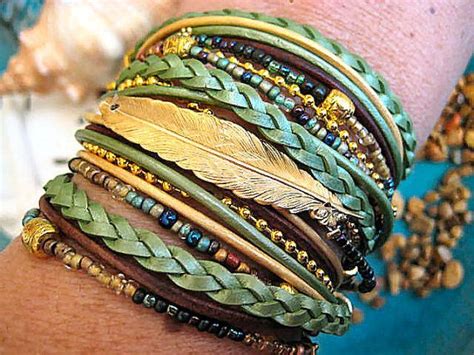 Boho Chic Endless Leather Wrap Sage Beaded Bracelet With Floating Gold