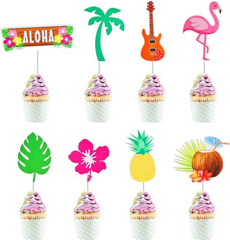 Savita 32pcs Summer Beach Cupcake Toppers Tropical Hawaiian Cupcake Toppers