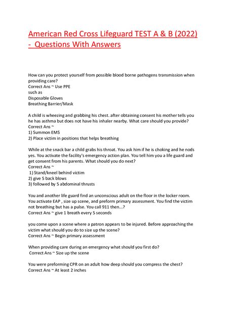 American Red Cross Lifeguard Test A B Questions With Answers