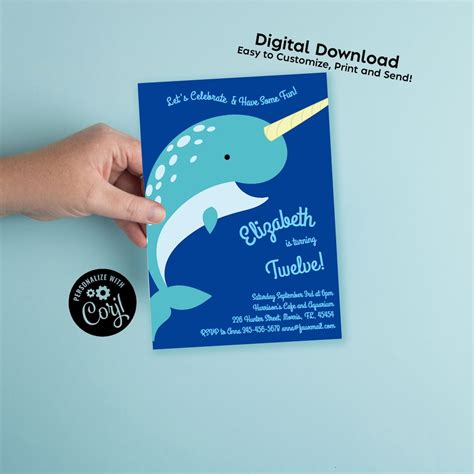 Narwhal Birthday Party Invitation Editable Digital Download Etsy