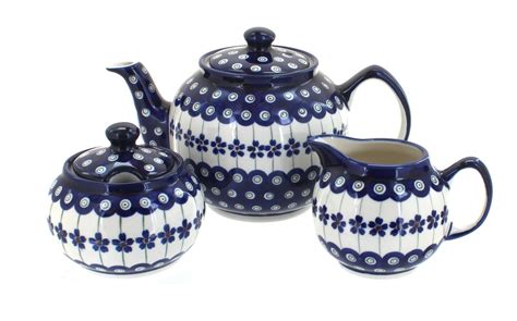 Blue Rose Polish Pottery Flowering Peacock 3 Pc Tea Set