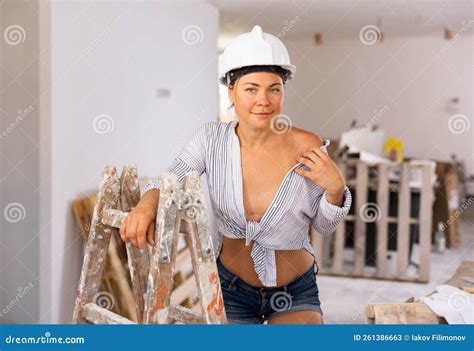Half Naked Girl In Short Shorts Posing In Cottage Under Construction Stock Image Image Of