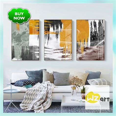 Set Of 3 Prints Framed Paintings Geometric Framed Wall Art Abstract Yellow Black Green Print