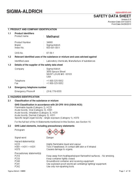 Methanol SDS | PDF | Working Conditions | Physical Sciences