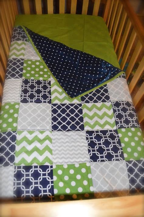 Navy Blue Lime Green And Grey Baby Quilt By MadeWithLoveBedding It S